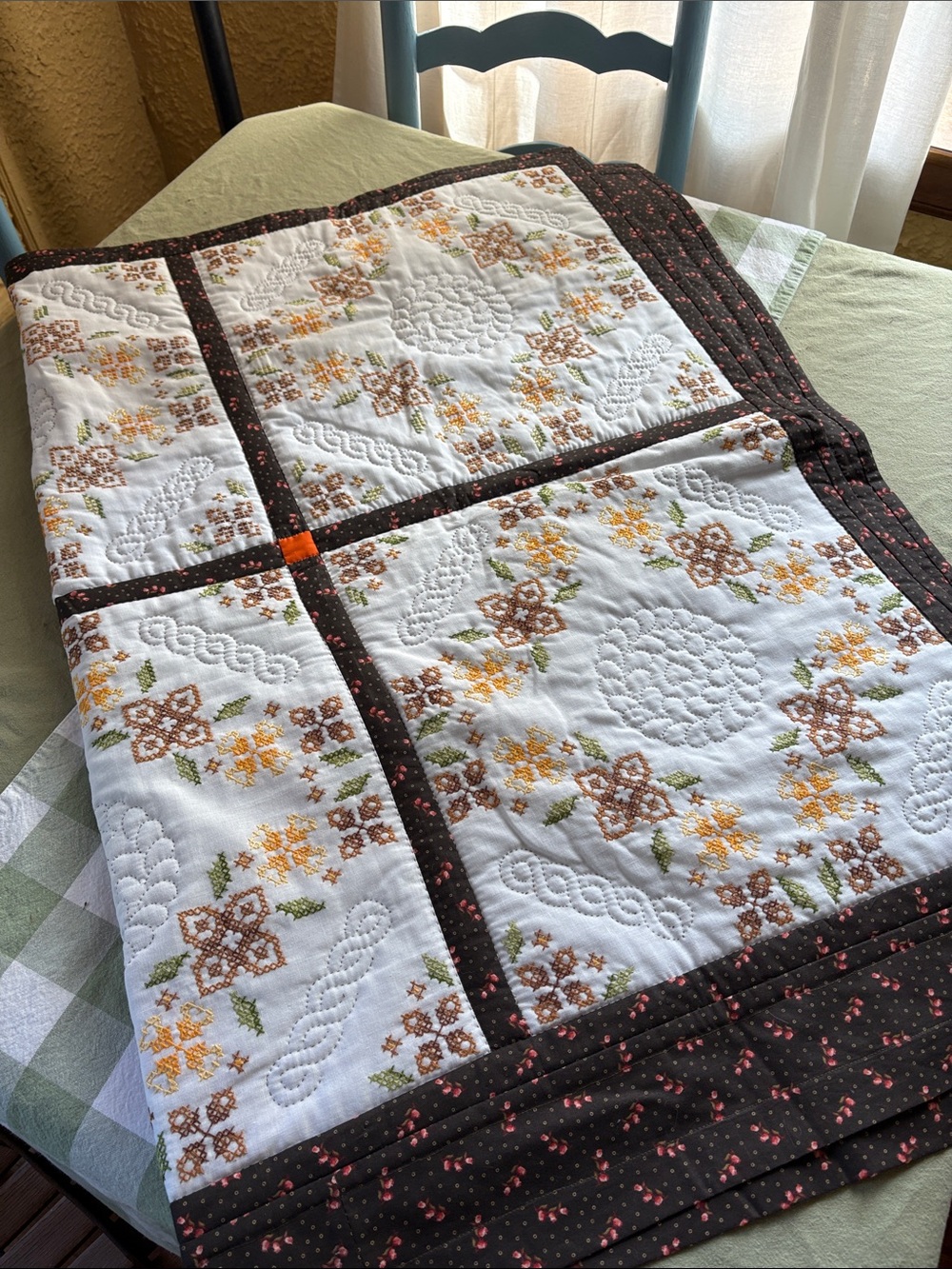 Handmade Embroidered Cotton Floral Quilted Throw Blanket in Brown and Cream